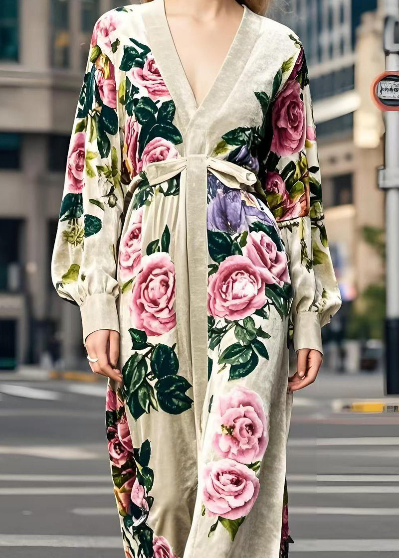 Apricot V Neck Print Silk Velvet Dress Spring