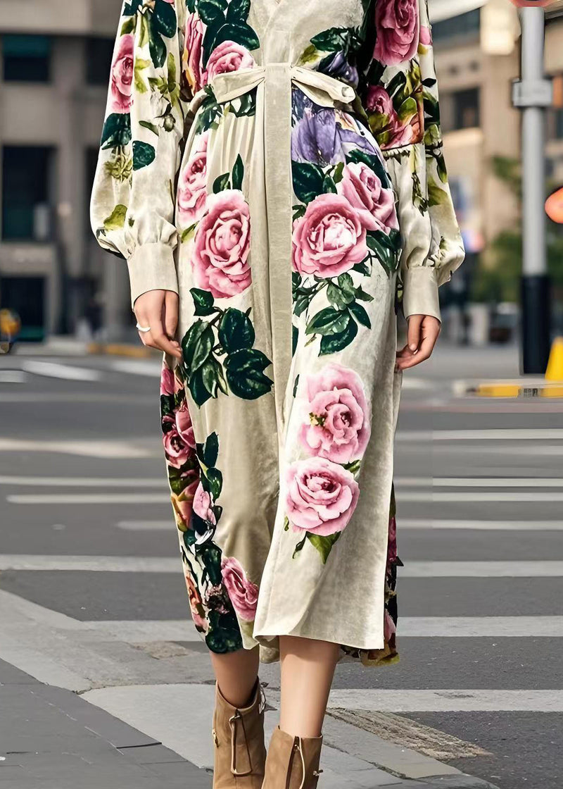 Apricot V Neck Print Silk Velvet Dress Spring