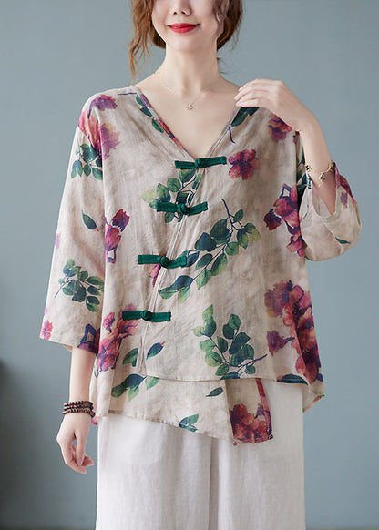 Apricot V Neck Print Shirts Half Sleeve