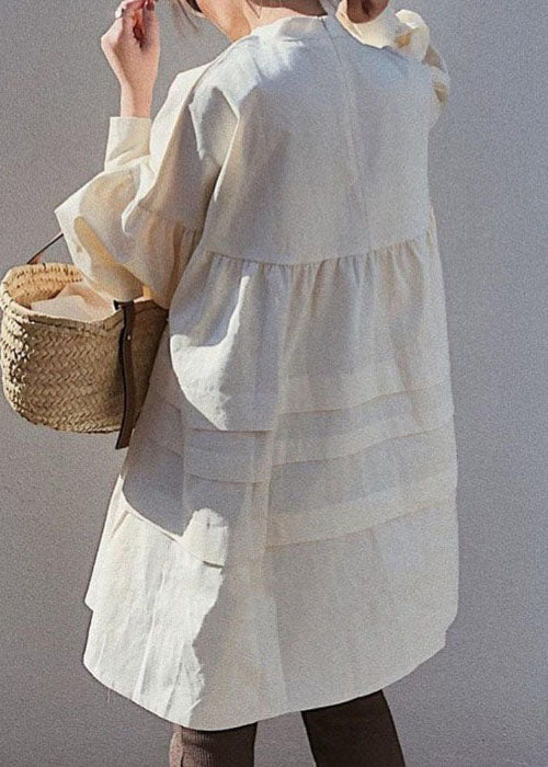 Apricot Wrinkled Patchwork Cotton Tops Long Sleeve