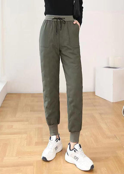 Army Green Elastic Waist Pockets Duck Down Harem Pants Winter