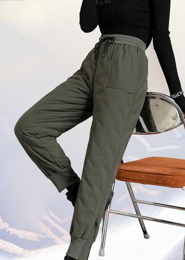 Army Green Elastic Waist Pockets Duck Down Harem Pants Winter