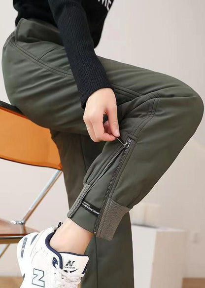 Army Green Elastic Waist Pockets Duck Down Harem Pants Winter