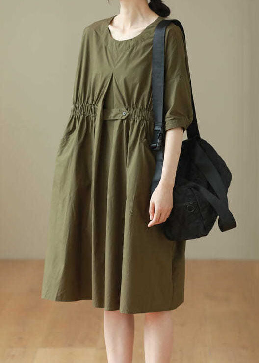 Army Green O Neck Patchwork Cotton Mid Dresses Summer
