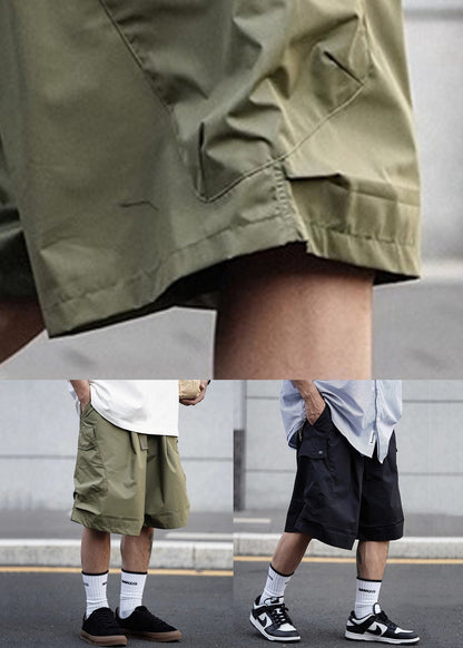 Army Green Pockets Elastic Waist Cotton Shorts Summer