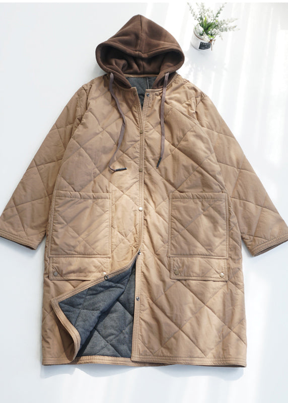 Army Green Pockets Fine Cotton Filled Hooded Coat Spring