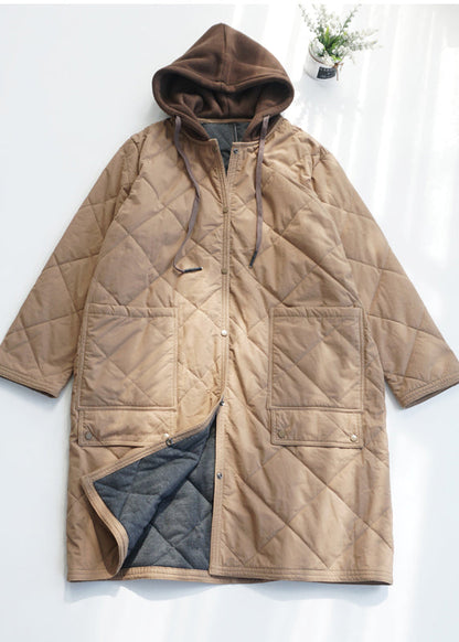 Army Green Pockets Fine Cotton Filled Hooded Coat Spring