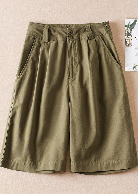 Army Green Pockets High Waist Cotton Shorts Summer