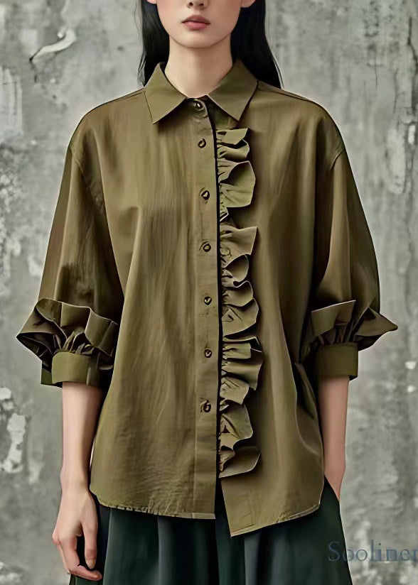 Army Green Ruffled Button Tops Bracelet Sleeve