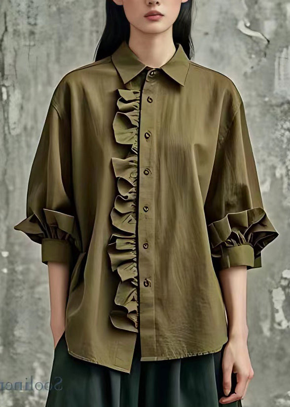 Army Green Ruffled Button Tops Bracelet Sleeve