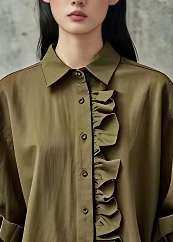 Army Green Ruffled Button Tops Bracelet Sleeve
