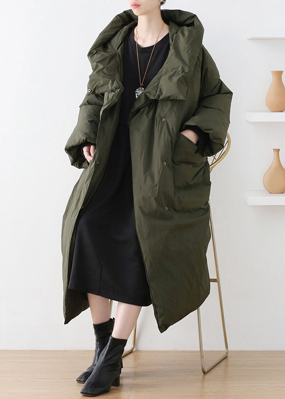 Army Green Turtleneck Zippered Duck Down Hooded Long Down Coat Winter