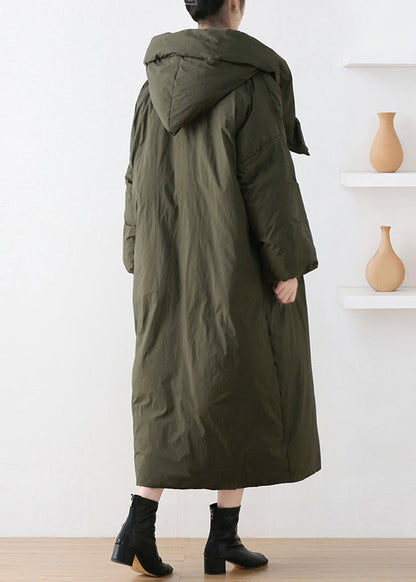 Army Green Turtleneck Zippered Duck Down Hooded Long Down Coat Winter
