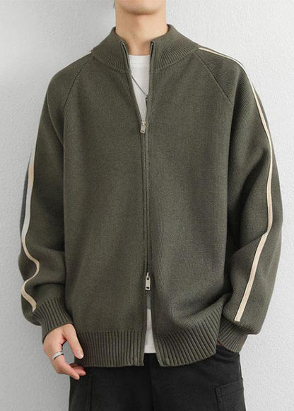Army Green Zip Up Striped Thick Knit Sweater