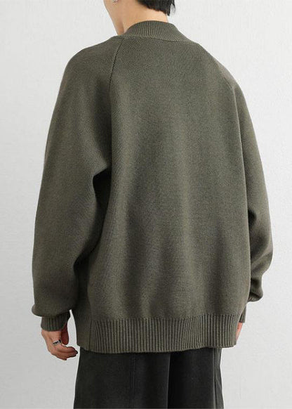 Army Green Zip Up Striped Thick Knit Sweater