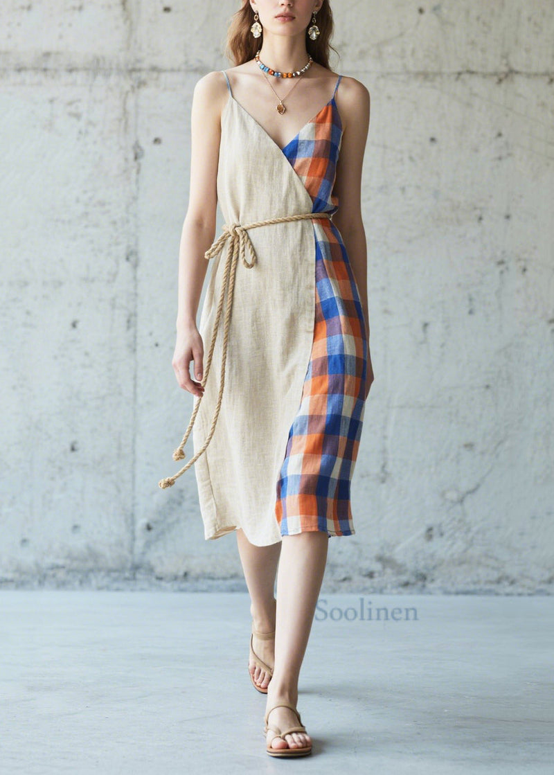 Beige Asymmetrical Patchwork Linen Cami Dresses Summer