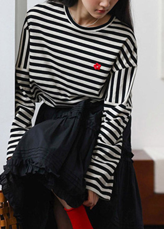 Beige Black Striped O-neck Cozy Cotton T Shirts Spring