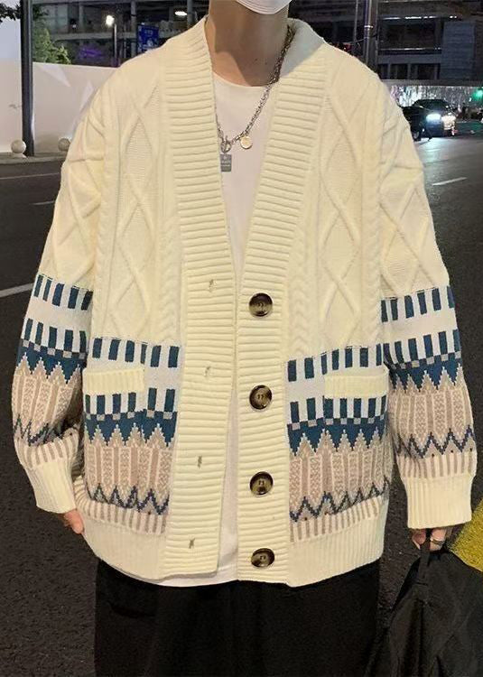 Beige Button Pockets Knitted Cotton Coats Winter