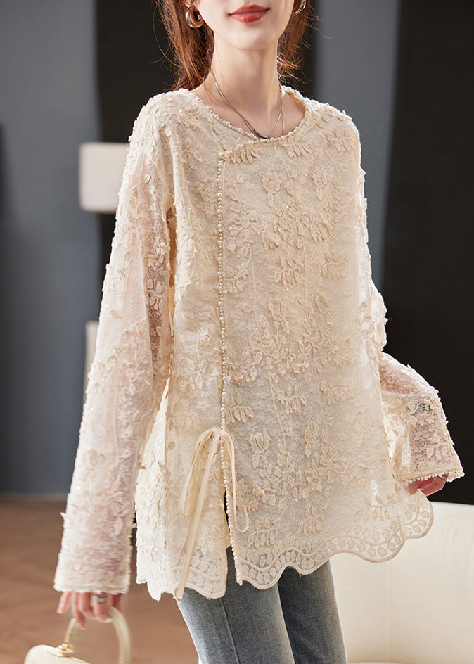 Casual Beige Embroidered Nail Bead Lace Up Chiffon Shirt Spring