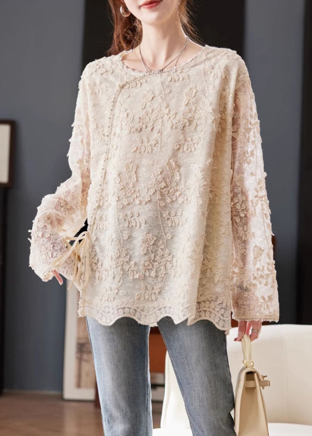 Casual Beige Embroidered Nail Bead Lace Up Chiffon Shirt Spring