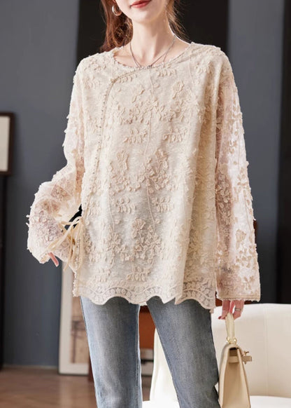 Casual Beige Embroidered Nail Bead Lace Up Chiffon Shirt Spring