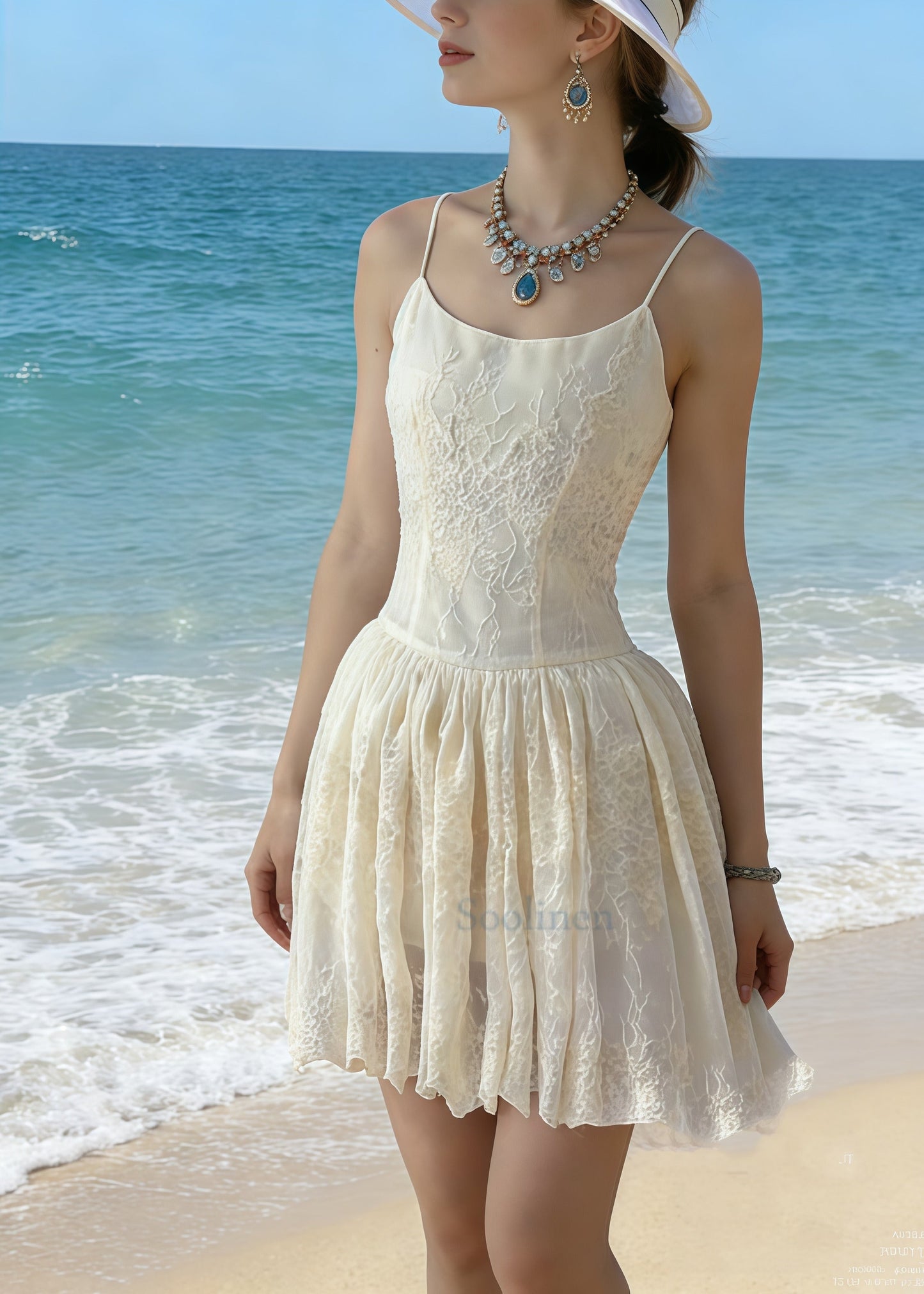 Beige Jacquard Cotton Mini Dress Summer