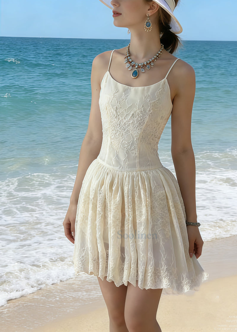 Beige Jacquard Cotton Mini Dress Summer