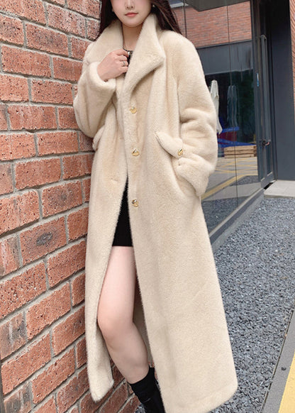 Beige Notched Button Thick Leather and Fur Long Coats Spring