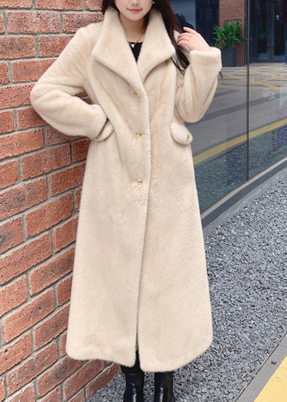 Beige Notched Button Thick Leather and Fur Long Coats Spring