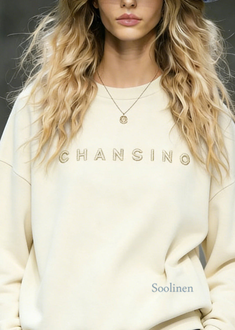 Beige O-neck Embroidered Cotton Top Spring