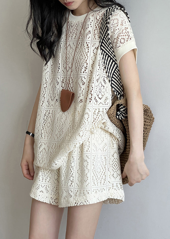 Beige O-neck Hollow Out Top and Shorts Two Pieces Set Summer