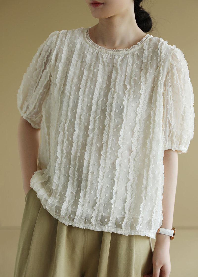 Beige O-neck Ruffled Jacquard Silk Shirts Short Sleeve