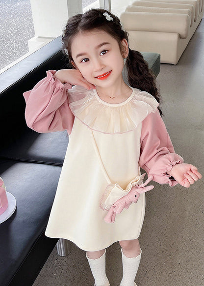 Beige O-neck Tulle Patchwork Kids Mid Dress Fall