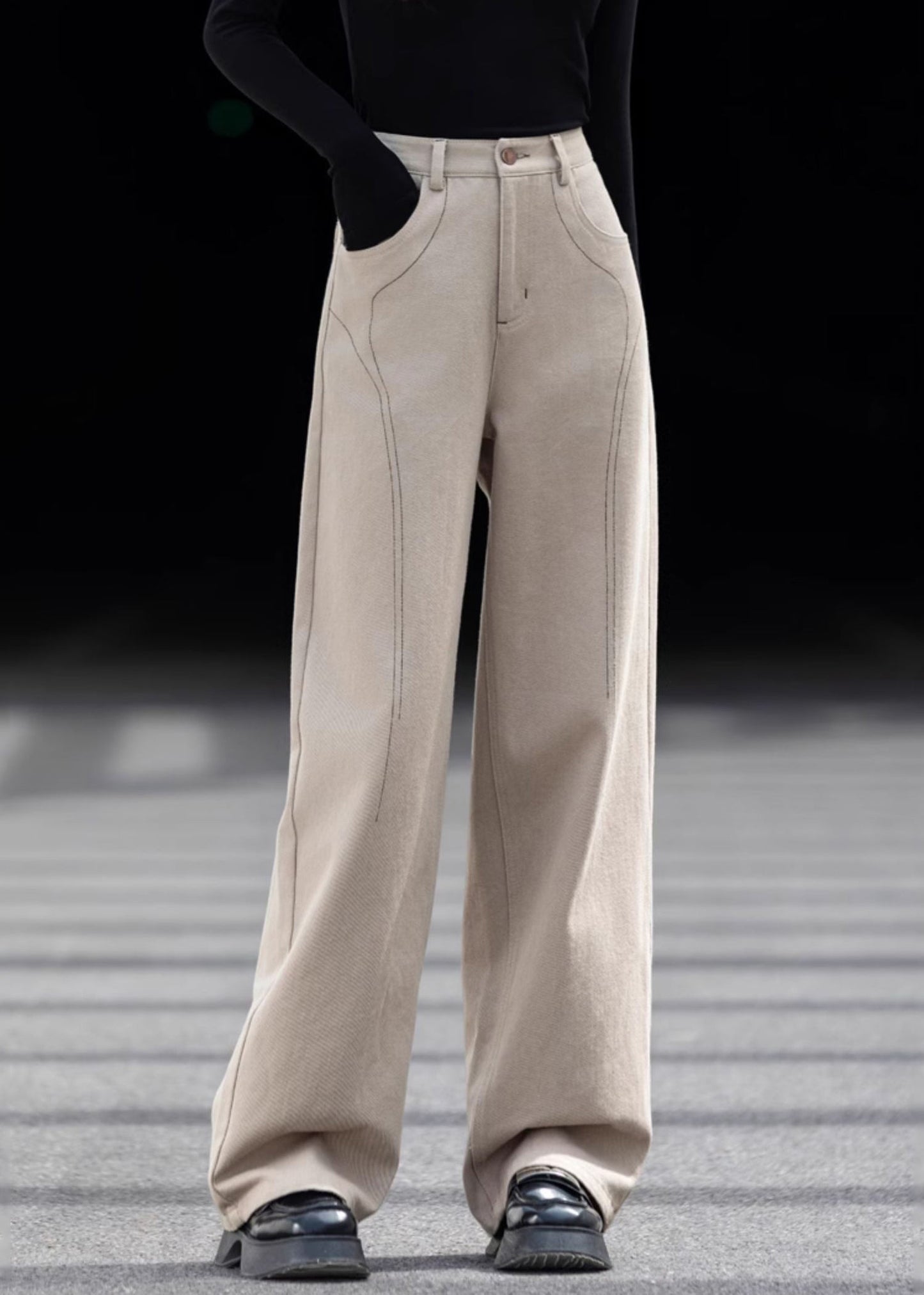Beige Oversized Pockets Cotton Pants Spring