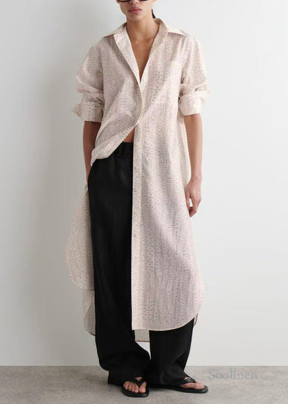 Beige Oversized Print Side Open Long Shirt Dresses Spring