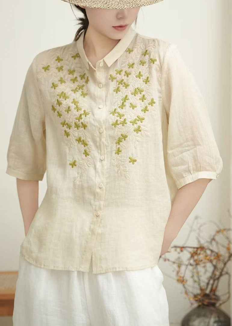 Beige Peter Pan Collar Embroidered Linen Blouses Summer