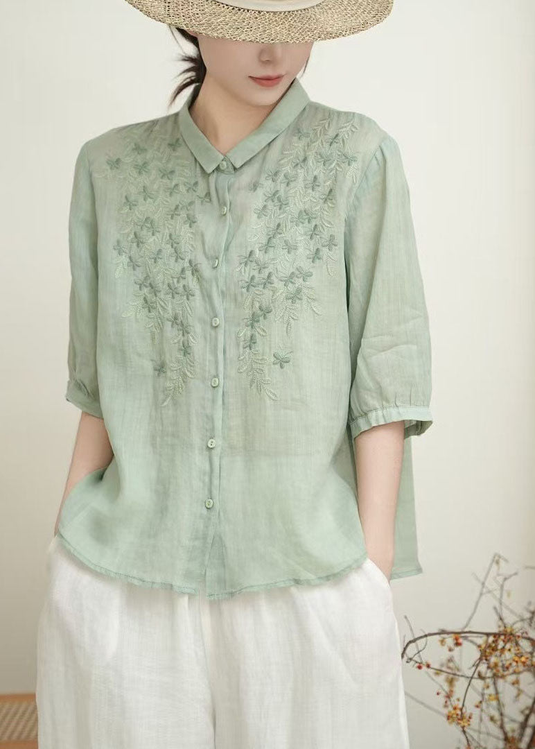 Beige Peter Pan Collar Embroidered Linen Blouses Summer
