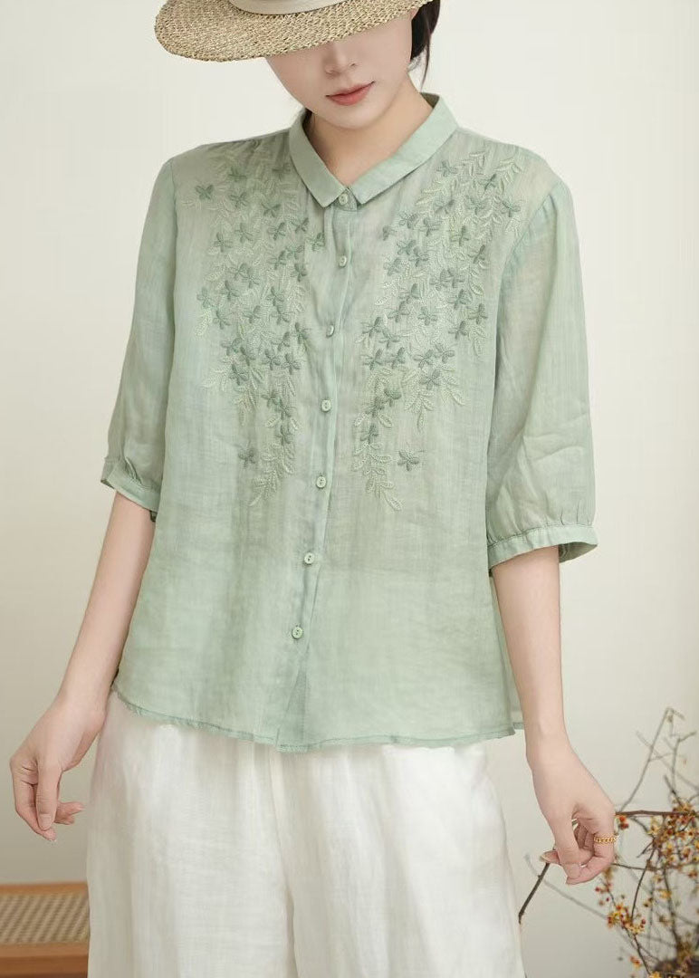 Beige Peter Pan Collar Embroidered Linen Blouses Summer