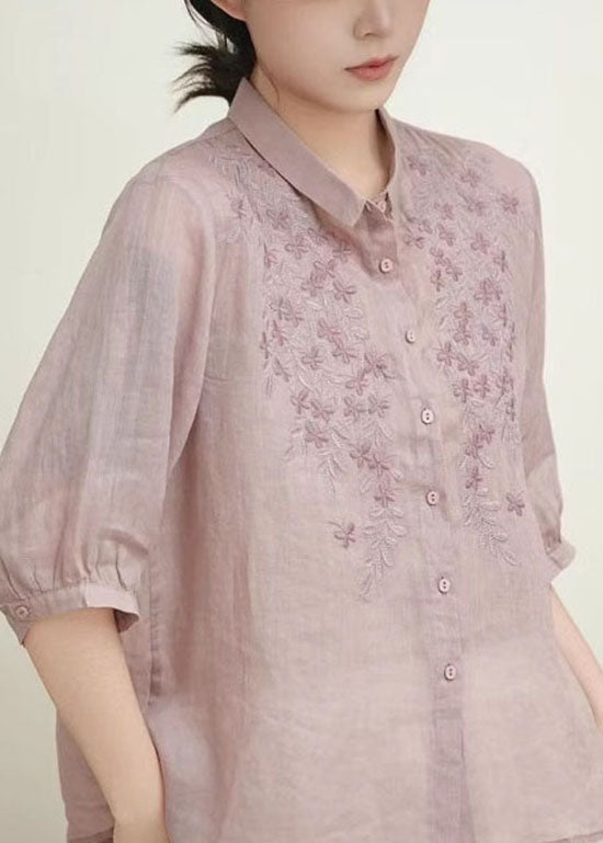 Beige Peter Pan Collar Embroidered Linen Blouses Summer
