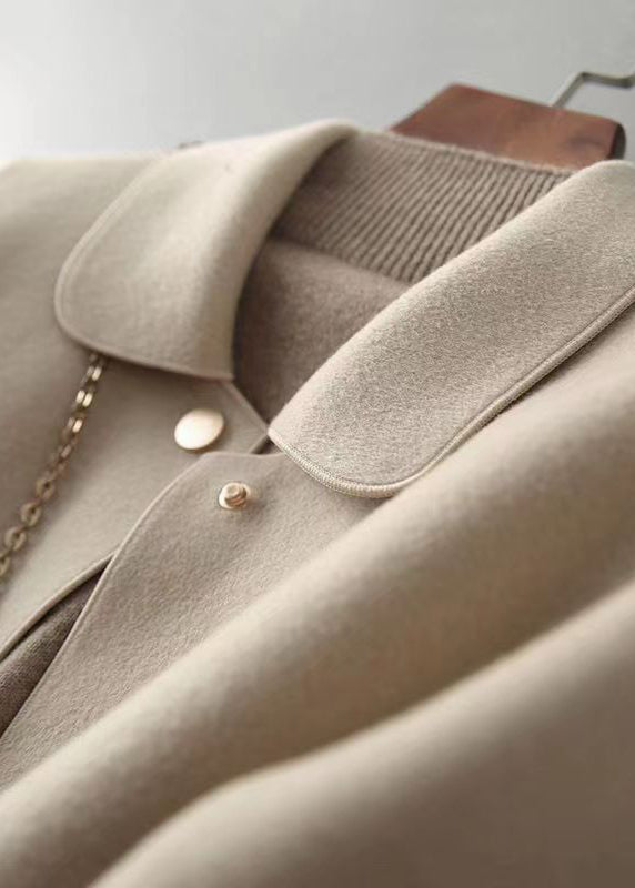 Beige Peter Pan Collar Pockets Woolen Coat Fall