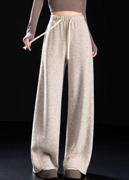 Beige Pockets Drawstring Woolen Pants Spring
