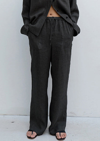 Beige Pockets Lace Up Linen Straight Pants Spring
