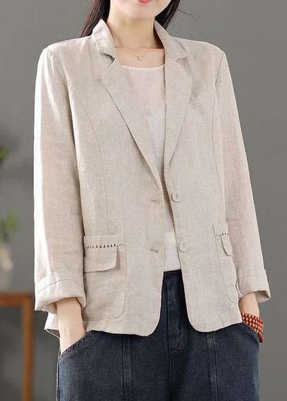 Beige Pockets Patchwork Button Linen Coats Spring