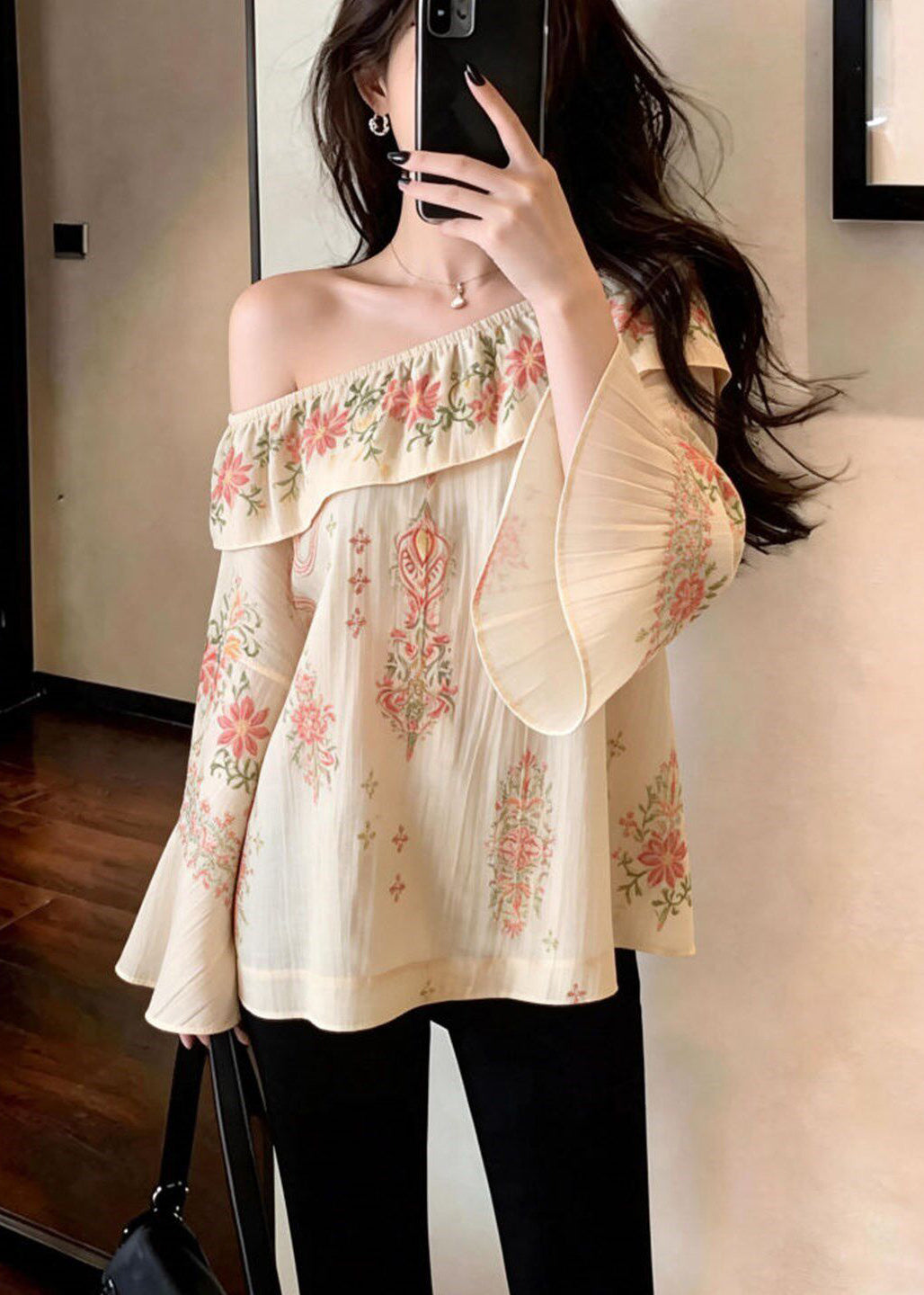 Casual Beige Slash Neck Print Cotton Strapless Blouses Spring