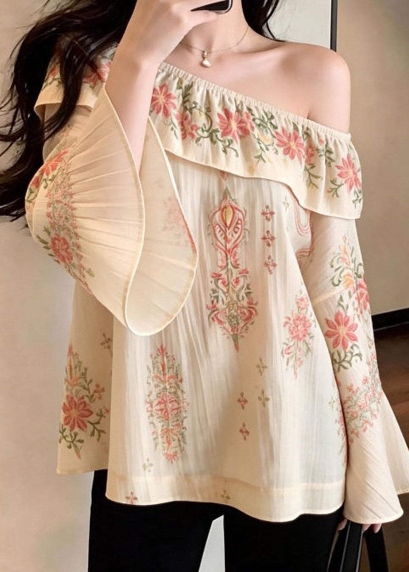 Casual Beige Slash Neck Print Cotton Strapless Blouses Spring