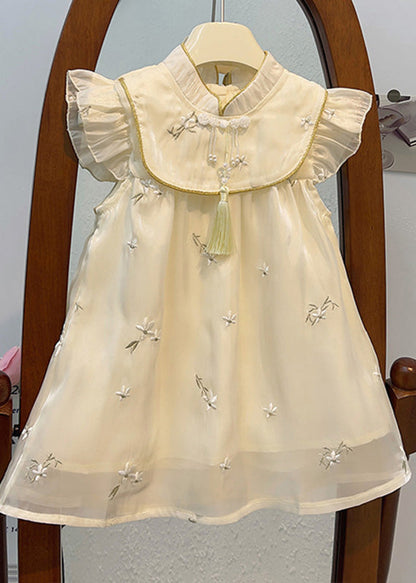 Beige Stand Collar Embroideried Tassel Patchwork Tulle Long Dresses Summer