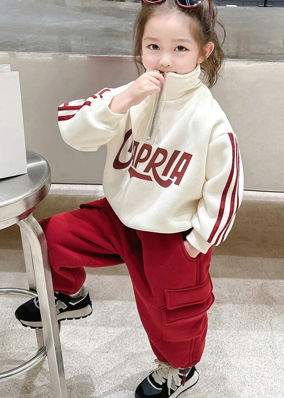 Beige Stand Collar Zippered Warm Fleece Top and Pants Two Piece Set Winter