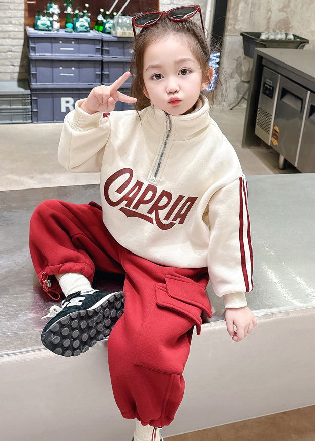 Beige Stand Collar Zippered Warm Fleece Top and Pants Two Piece Set Winter