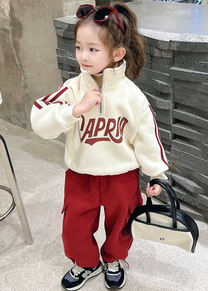 Beige Stand Collar Zippered Warm Fleece Top and Pants Two Piece Set Winter