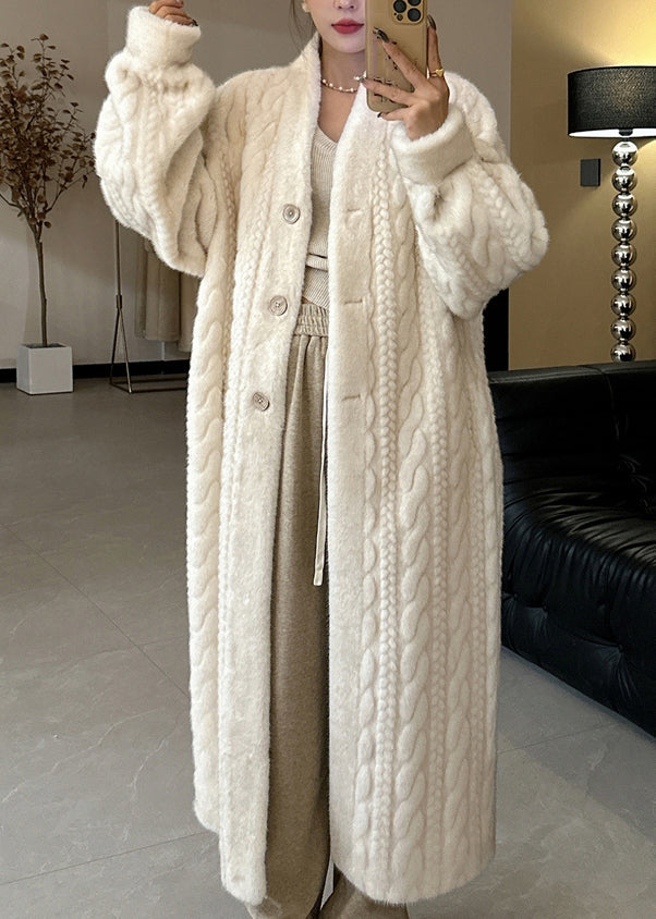 Beige V Neck Button Mink Hair Leather and Fur Long Coats Spring